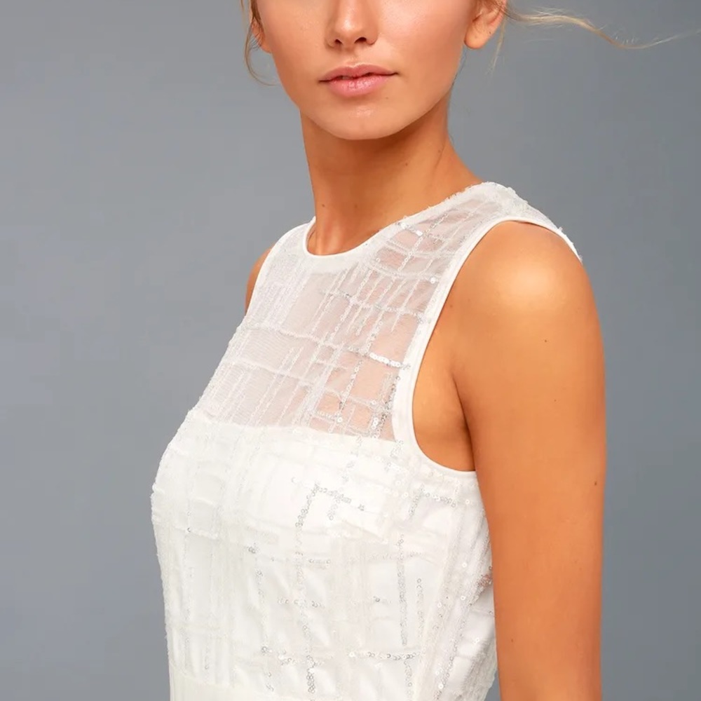 Lulu's “Classy Missy” White Silver Sequin Peplum Midi Shiny Formal Dance Dress - Picture 11 of 14
